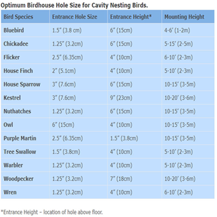 birdhouse hole size chart